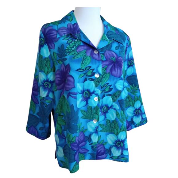 Vintage Worthington Tropical Top Blouse 14 Petite Floral Hibiscus Flowers Travel - Picture 3 of 10